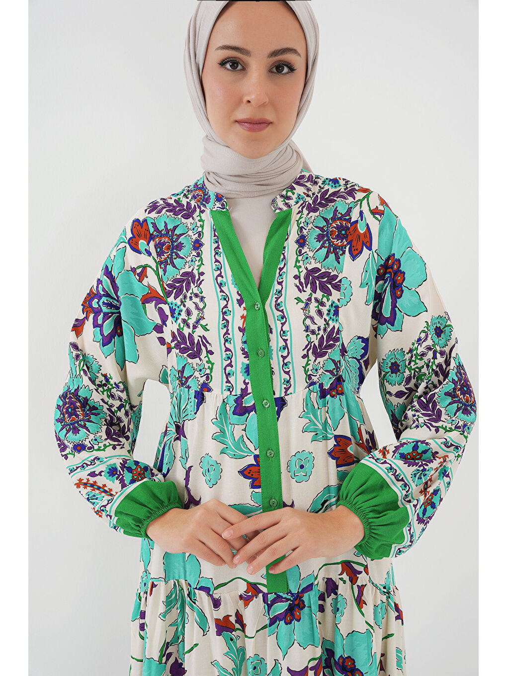 2423 Otantik Desenli Tesettür Elbise - Yeşil 1-3