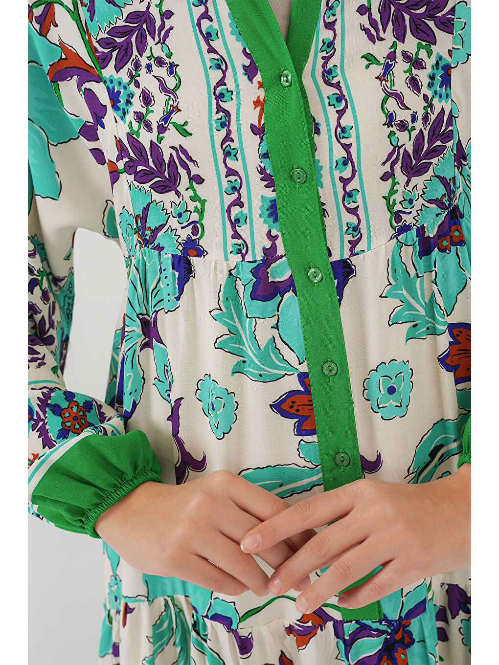 2423 Otantik Desenli Tesettür Elbise - Yeşil 1-4