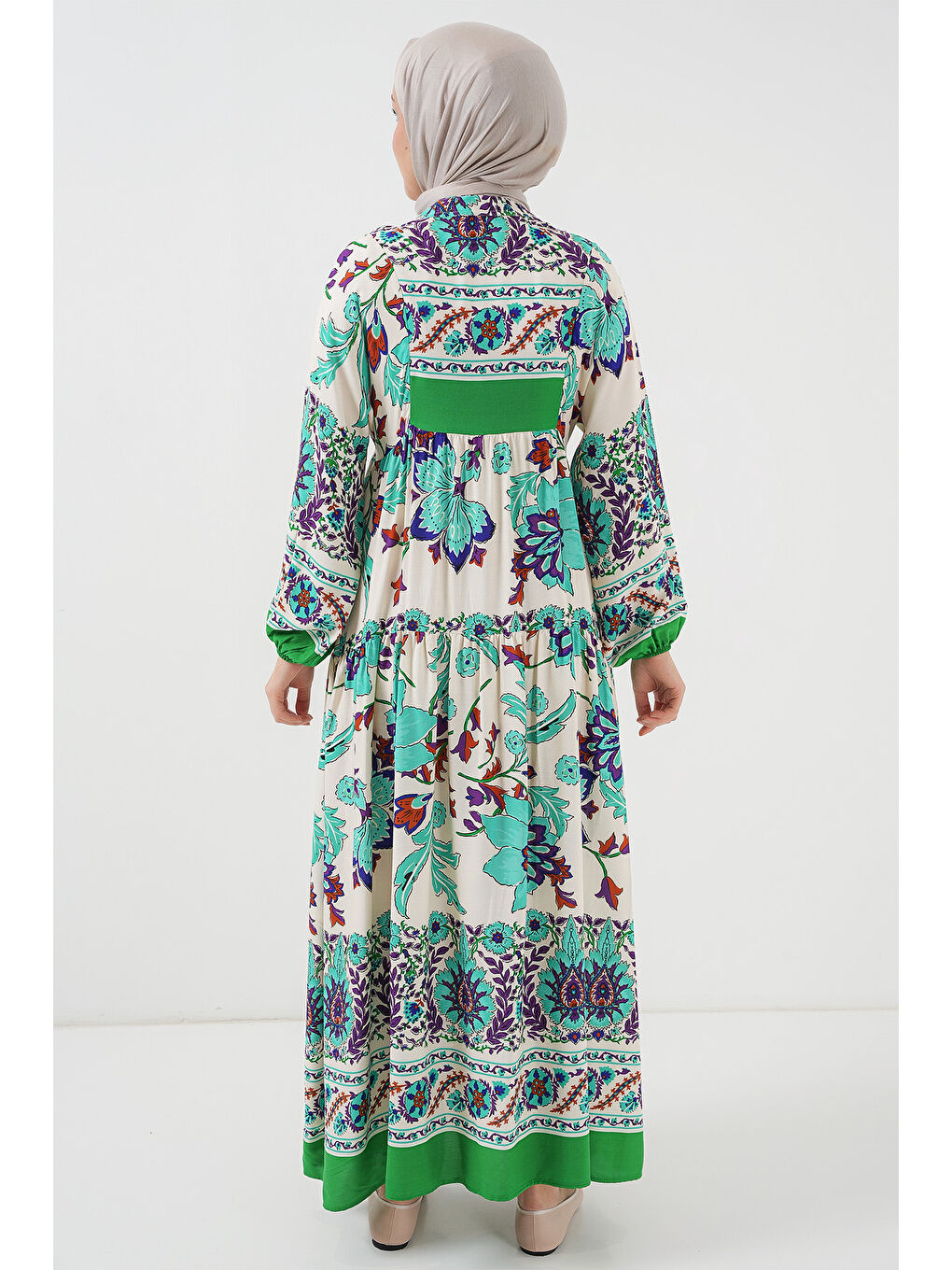 2423 Otantik Desenli Tesettür Elbise - Yeşil 1-5