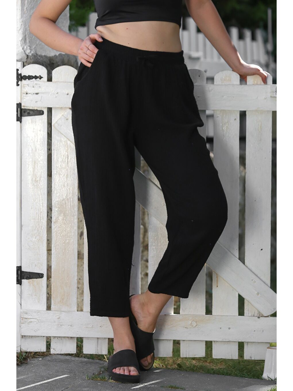 Organik Pamuk Siyah Cepli Lastikli Ve Bağlamalı Bel Şalvar Casual Müslin Dokuma Pantolon 100 65