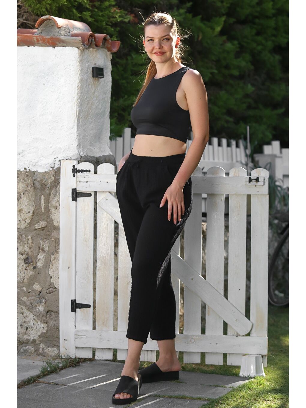 Organik Pamuk Siyah Cepli Lastikli Ve Bağlamalı Bel Şalvar Casual Müslin Dokuma Pantolon 100 65-3