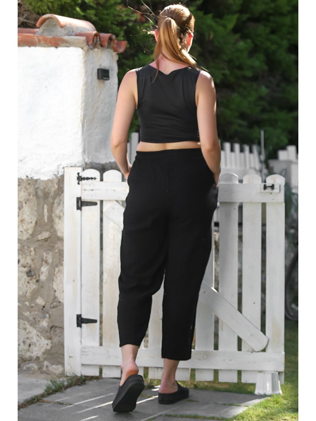 Organik Pamuk Siyah Cepli Lastikli Ve Bağlamalı Bel Şalvar Casual Müslin Dokuma Pantolon 100 65-4