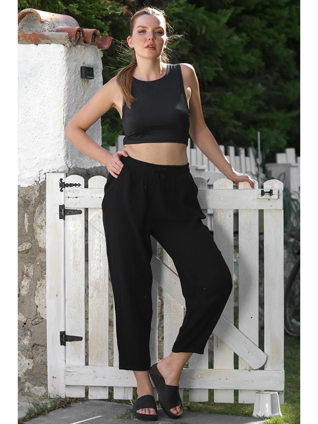 Organik Pamuk Siyah Cepli Lastikli Ve Bağlamalı Bel Şalvar Casual Müslin Dokuma Pantolon 100 65-5