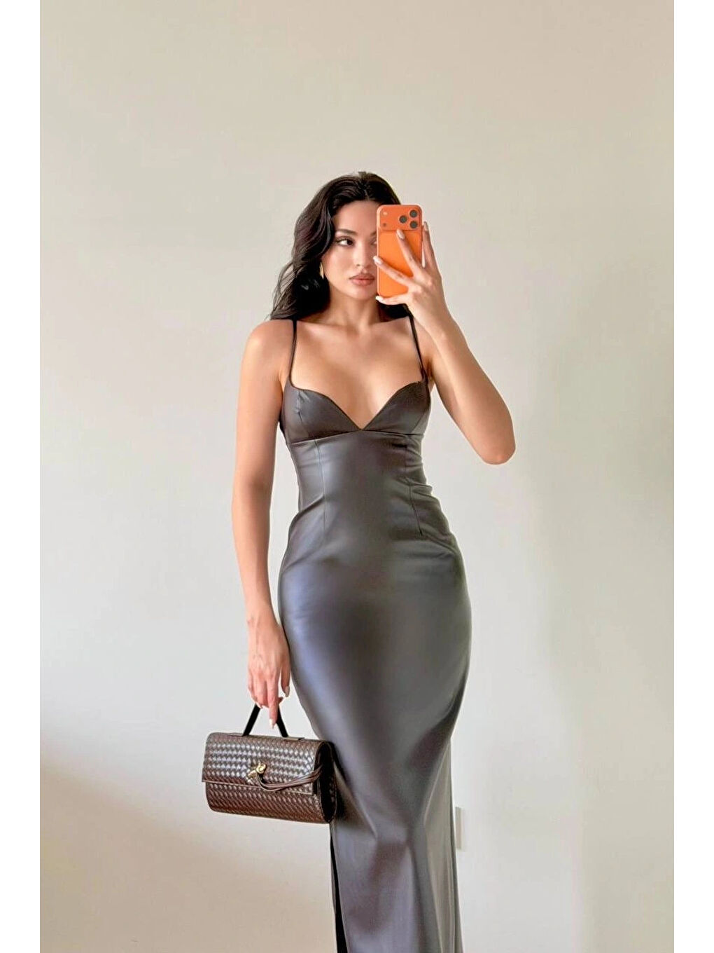 Kahverengi Kadın Kahve Askılı Deri Elbise 1041-2756-1