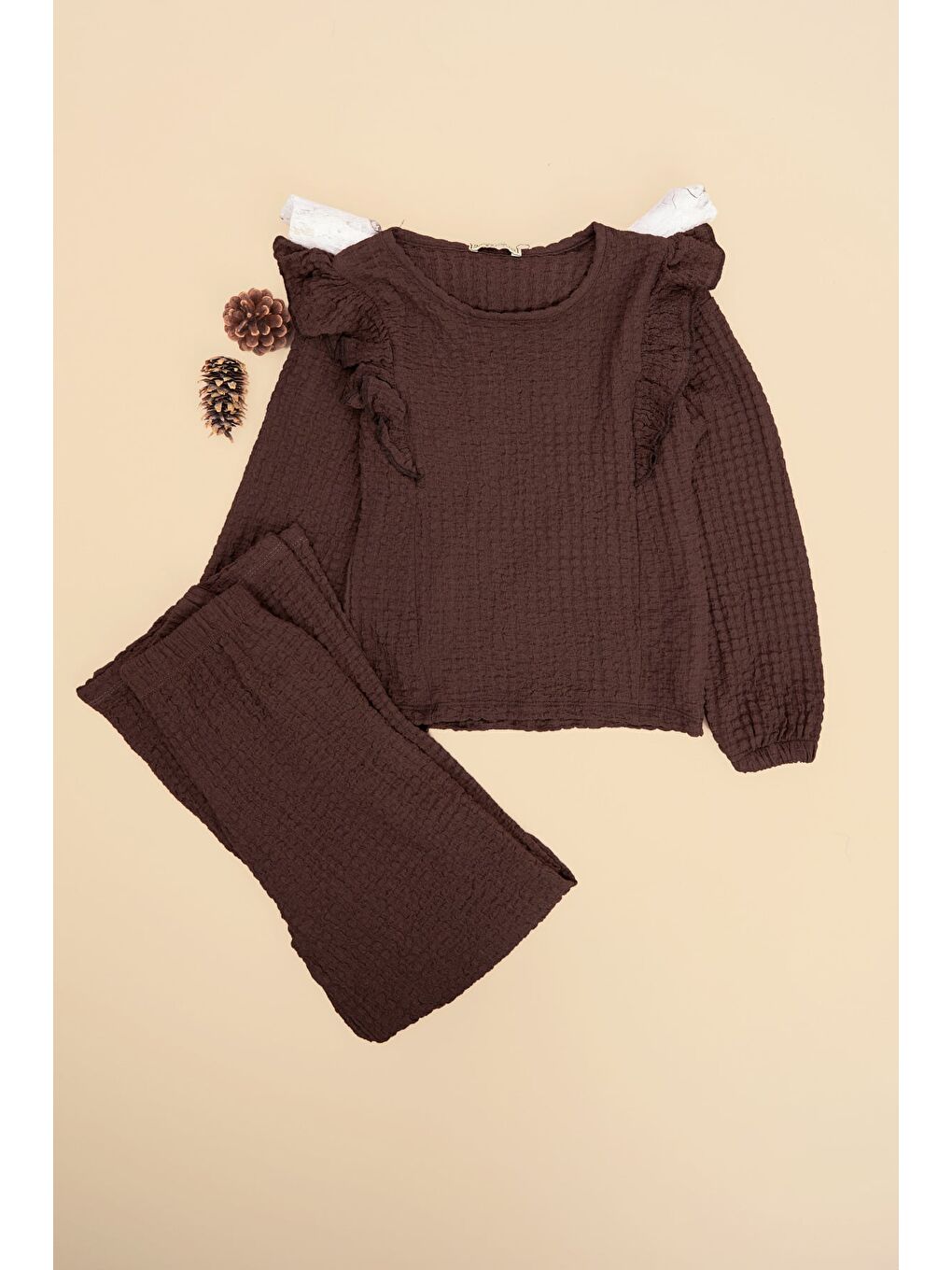 Kahverengi Fırfırlı Bürümcük Kumaş Kız Çocuk 2 Li Takım