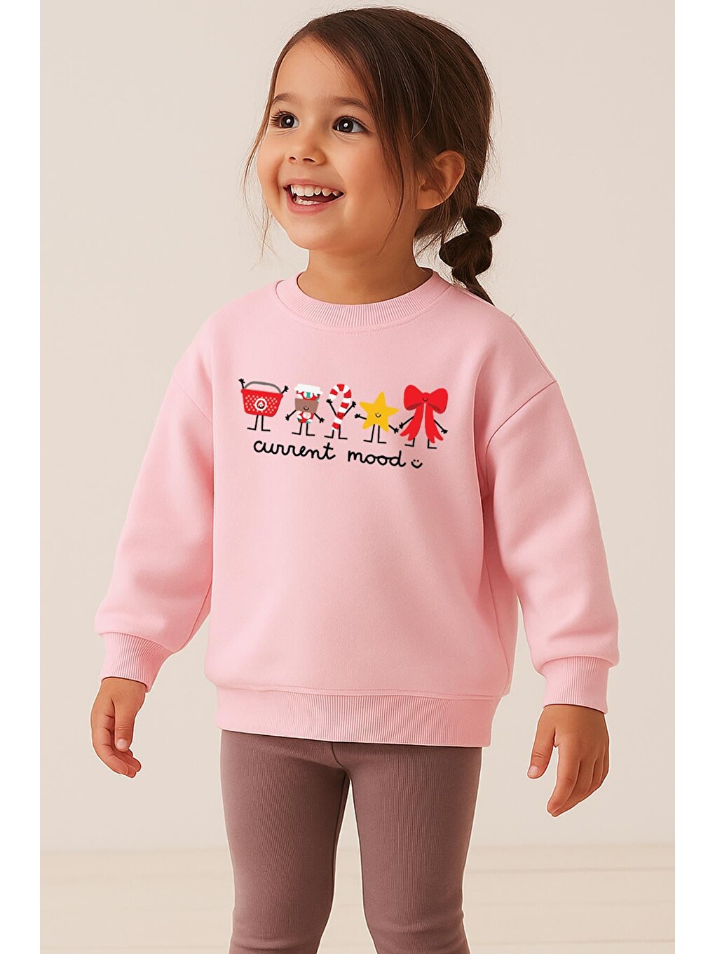 Pembe Kız Çocuk Yılbaşı Temalı 3 İplik Kumaş Pamuklu Sweatshirt