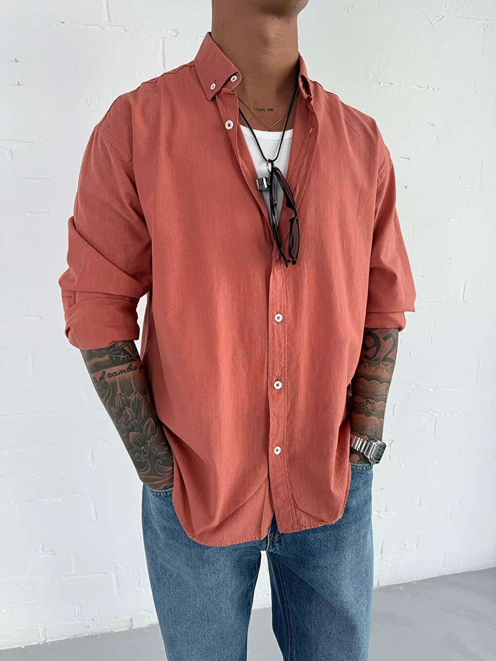 Kahverengi Erkek Relax Fit Rahat Kesim İnce %100 Pamuk Gömlek Kiremit