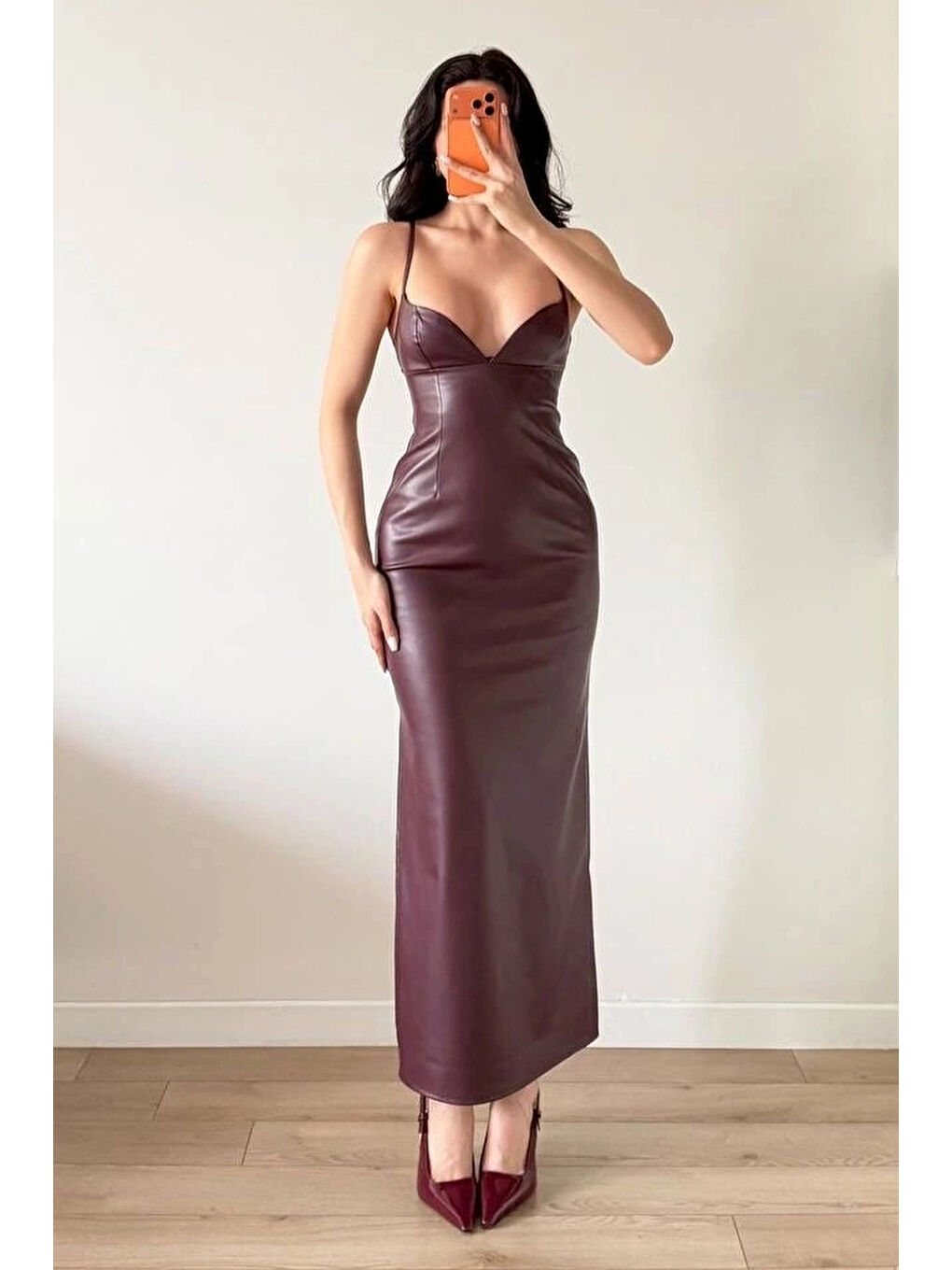 Kadın Bordo Askılı Deri Elbise 1041-2756
