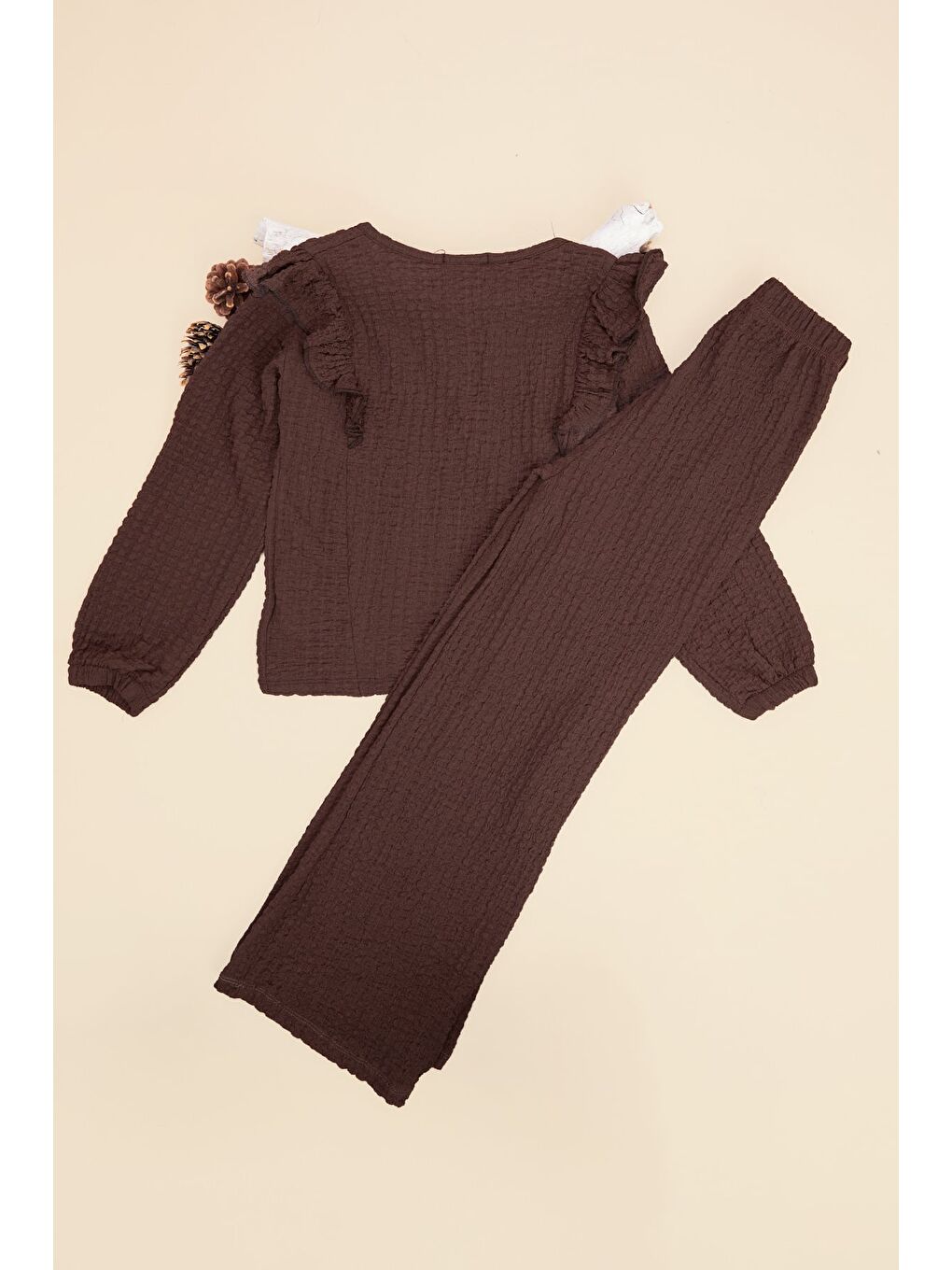 Kahverengi Fırfırlı Bürümcük Kumaş Kız Çocuk 2 Li Takım-1