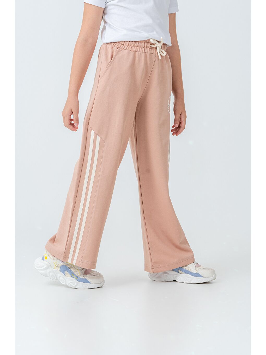 Pembe Yanlar Grogren Şeritli Bol Paça Önü Baskılı Kız Çocuk Eşofman Altı-3