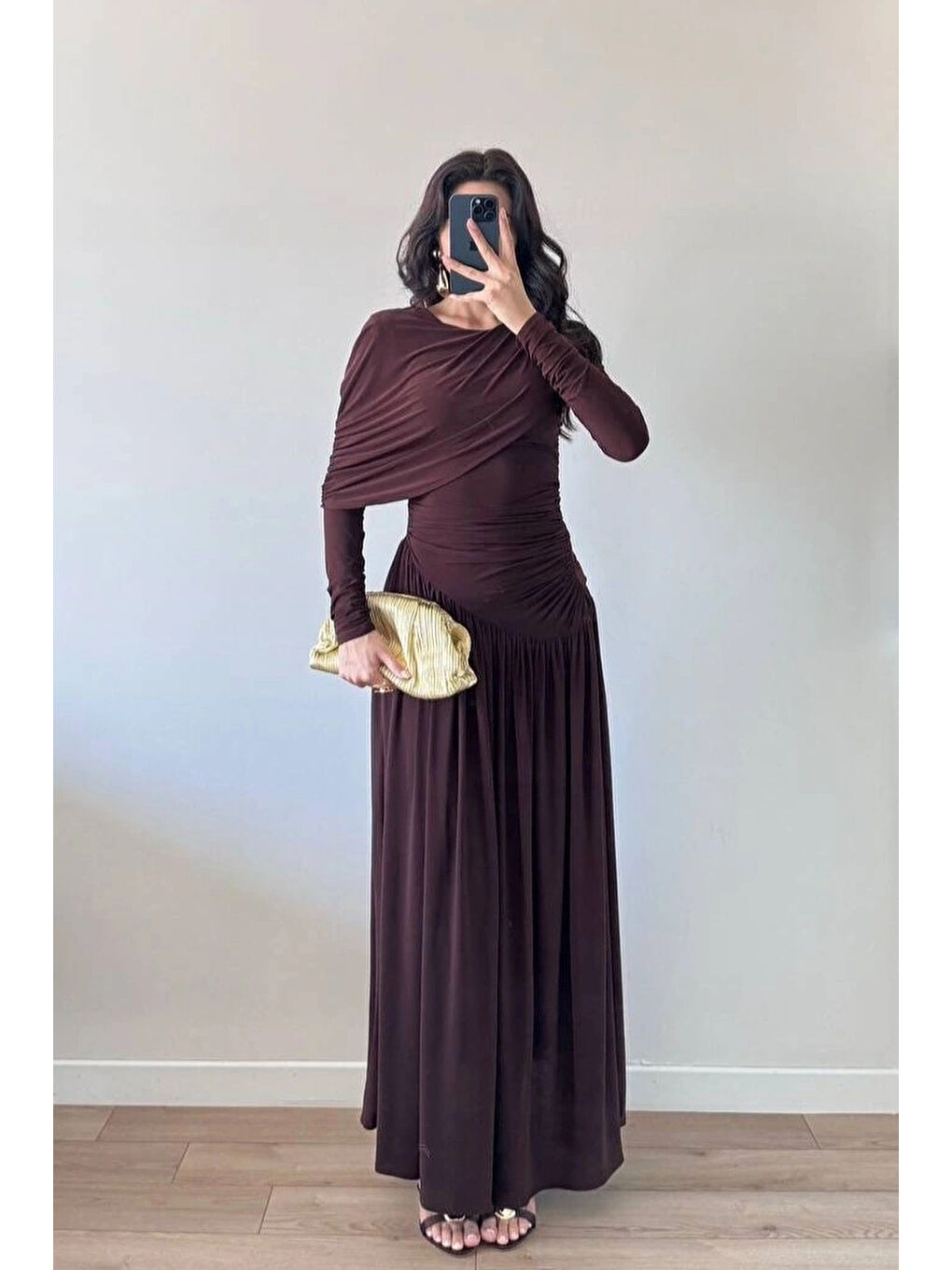 Kahverengi Kadın Kahve Omuz Parçalı Çapraz Büzgülü Elbise 1041-2679
