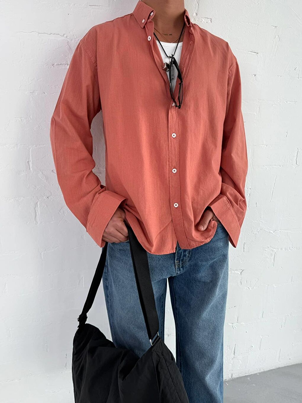 Kahverengi Erkek Relax Fit Rahat Kesim İnce %100 Pamuk Gömlek Kiremit-3