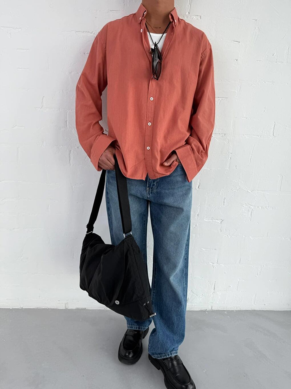 Kahverengi Erkek Relax Fit Rahat Kesim İnce %100 Pamuk Gömlek Kiremit-4