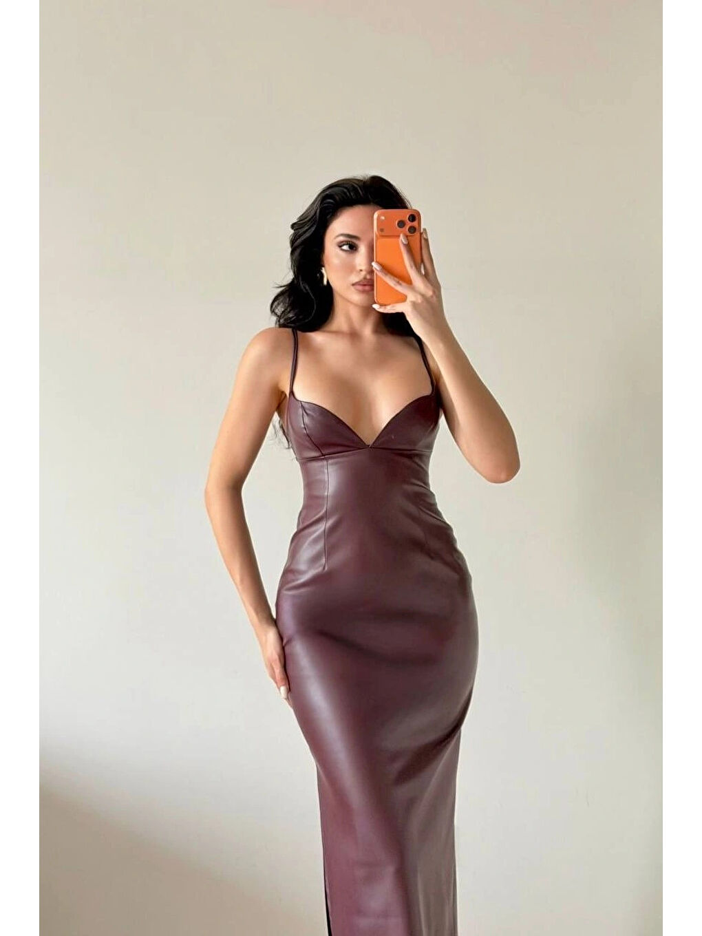 Kadın Bordo Askılı Deri Elbise 1041-2756-2