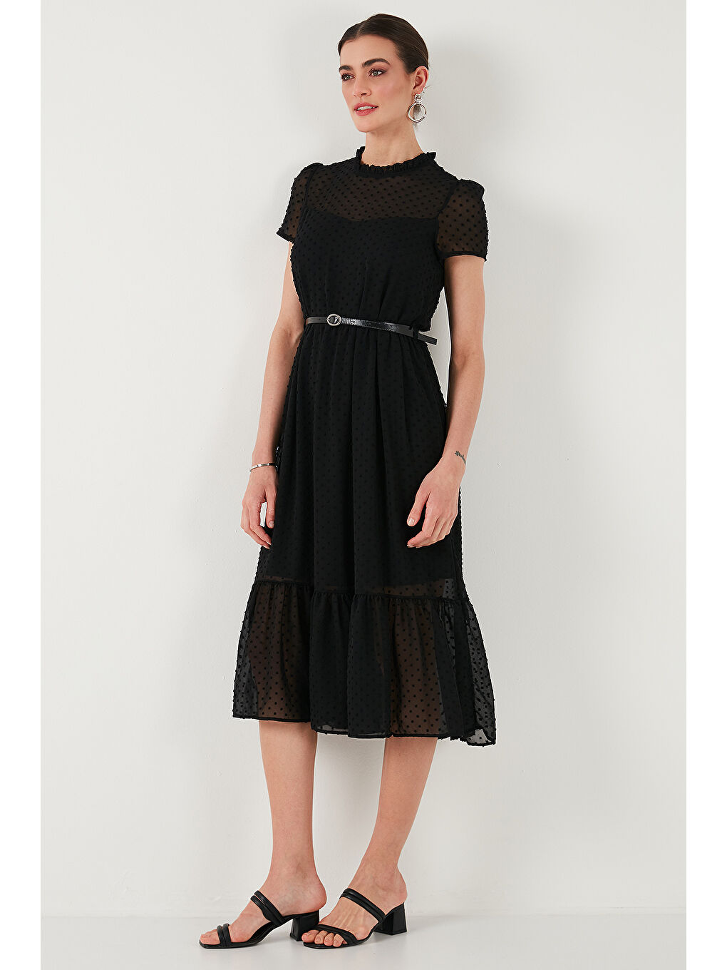 Siyah A Kesim Regular Fit Astarlı Midi Boy Kemerli Kadın Elbise 6781937-2