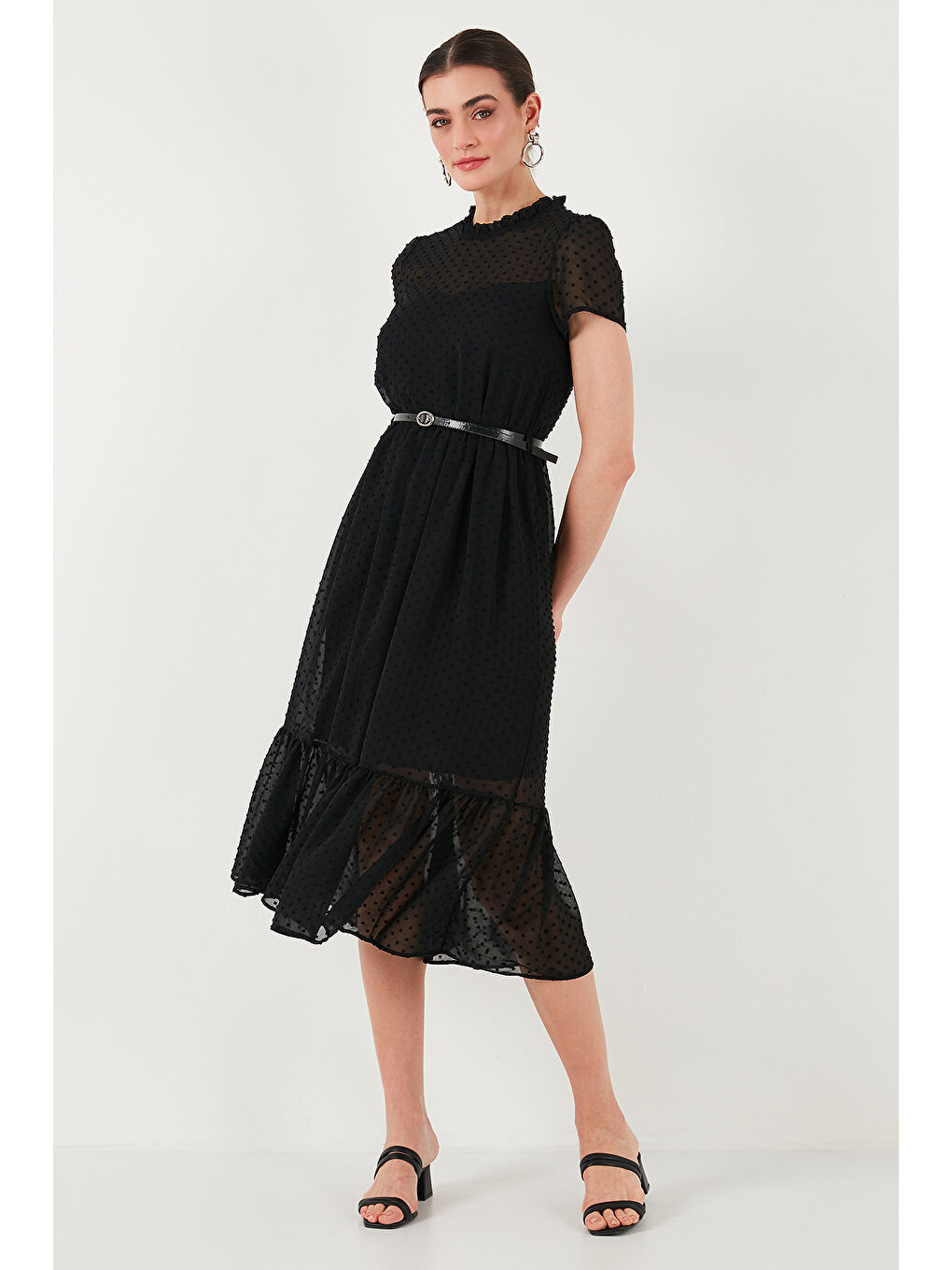 Siyah A Kesim Regular Fit Astarlı Midi Boy Kemerli Kadın Elbise 6781937-3