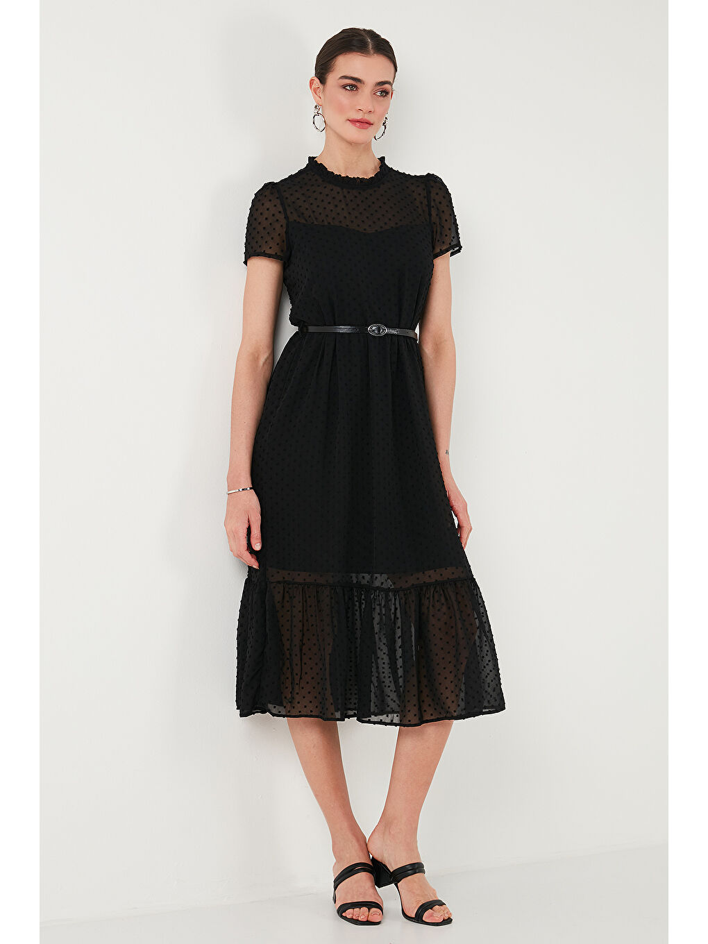 Siyah A Kesim Regular Fit Astarlı Midi Boy Kemerli Kadın Elbise 6781937-4