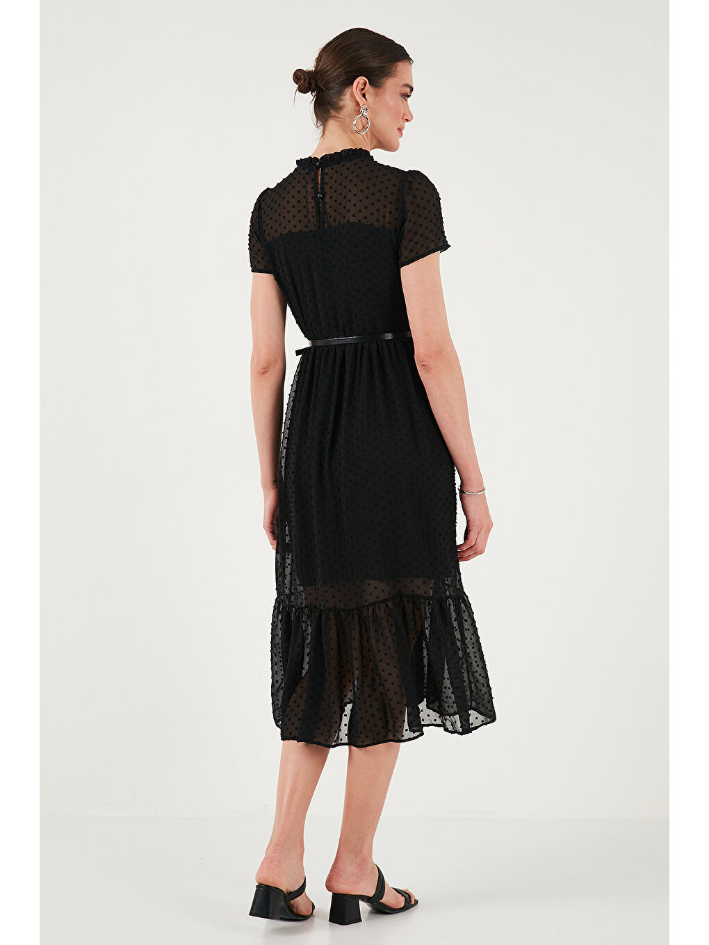 Siyah A Kesim Regular Fit Astarlı Midi Boy Kemerli Kadın Elbise 6781937-5