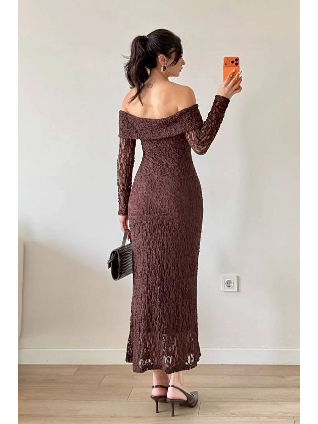Kahverengi Kadın Kahve Straplez Yaka Dantelli Elbise 1041-2733-1