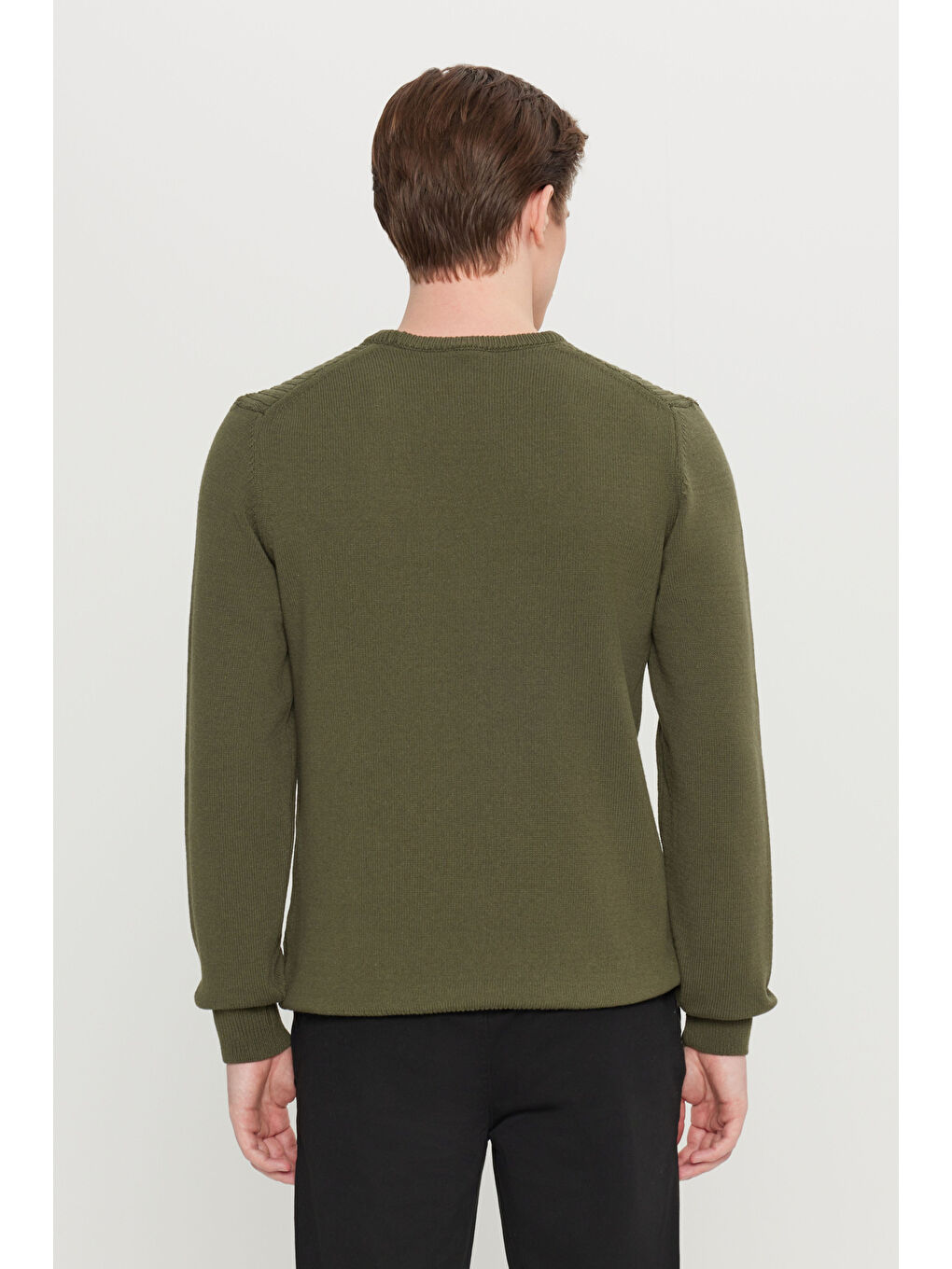 Erkek Haki Pamuklu Standart Fit Normal Kesim Bisiklet Yaka Jakarlı Triko Kazak-4