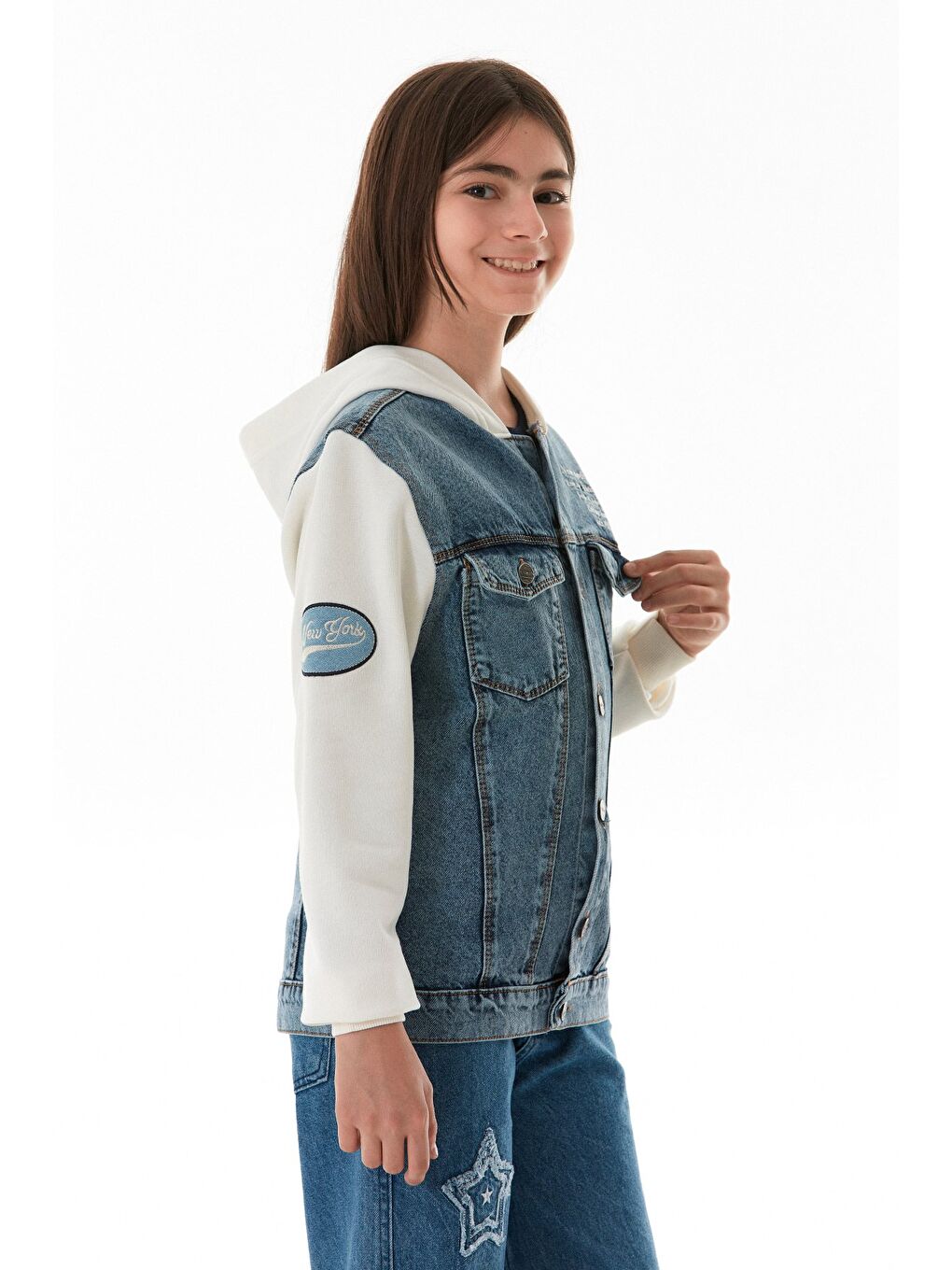 Mavi Yazı Nakışlı Kolu Ve Kapüşonu Penye Kız Çocuk Ceket-3