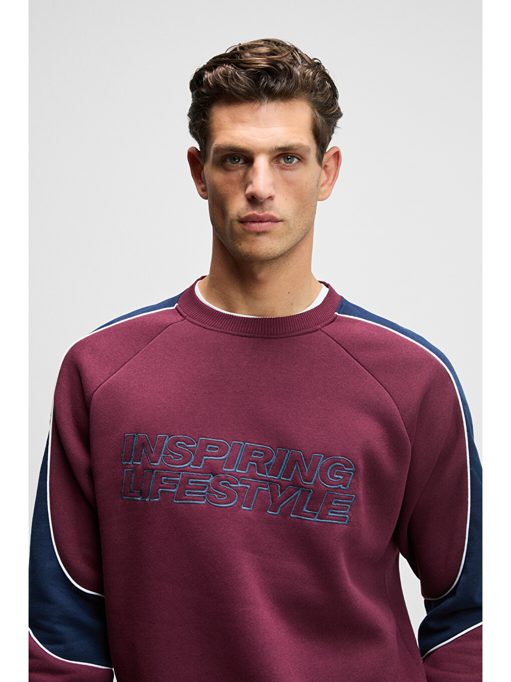 Hercules Erkek Bisiklet Yaka Önü Nakışlı Kolları Biyeli Bordo Sweatshirt-2