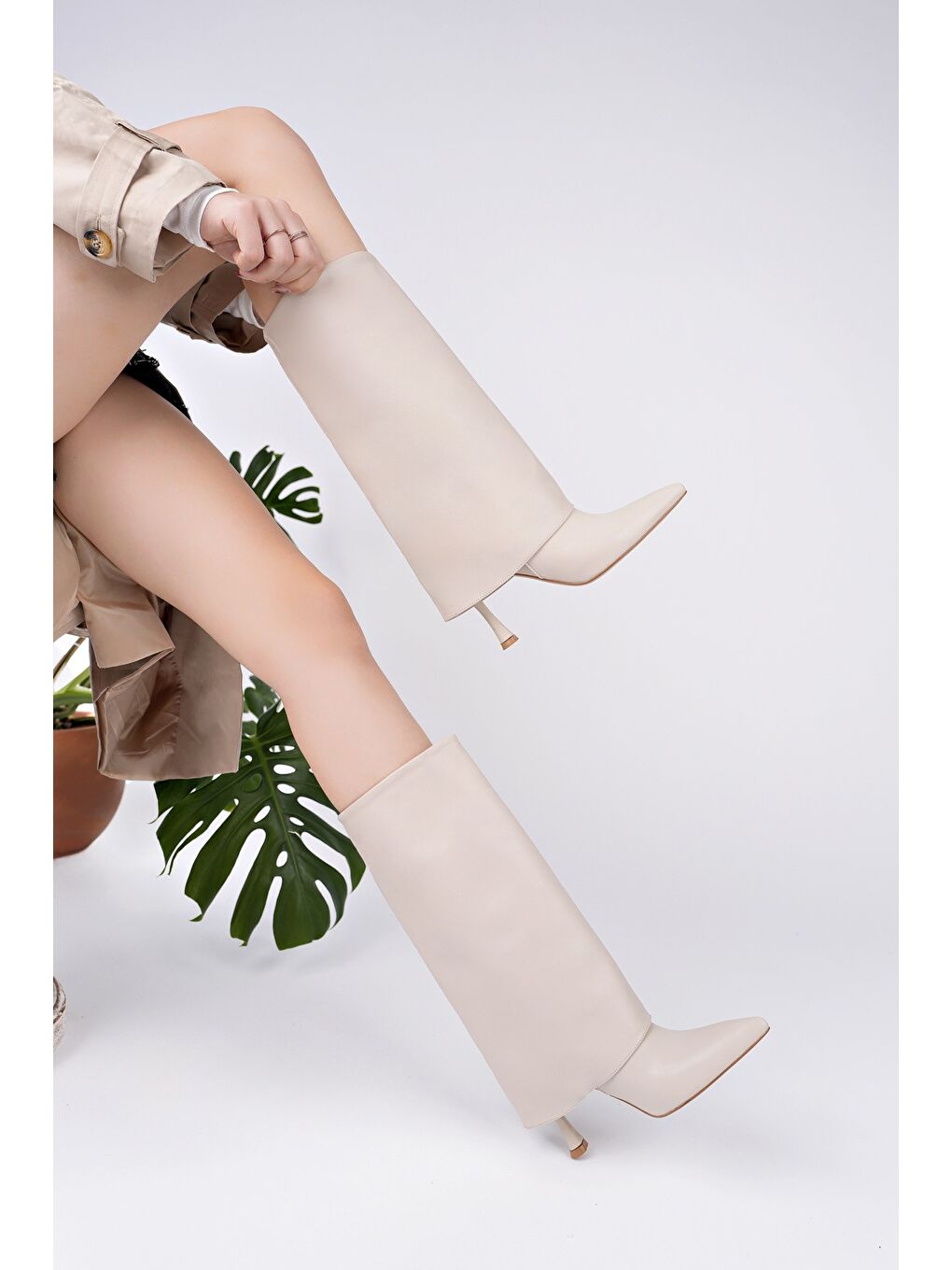 Bej MİLENA Sivri Burun İnce Topuklu Kadın Çizme-4