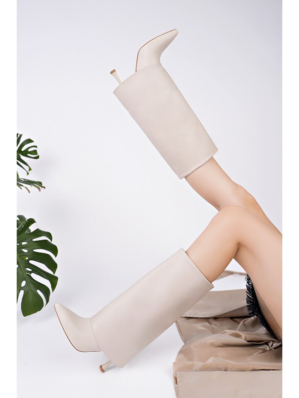 Bej MİLENA Sivri Burun İnce Topuklu Kadın Çizme-5