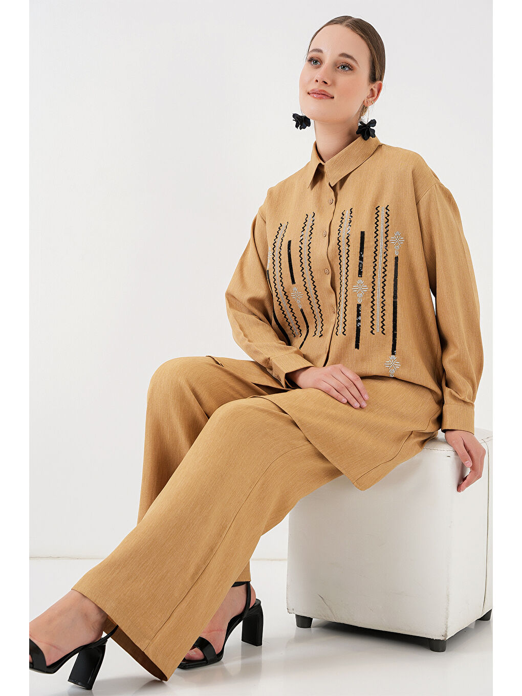 Bej Desenli Tunik Pantolon İkili Takım 6720 - Bisküvi