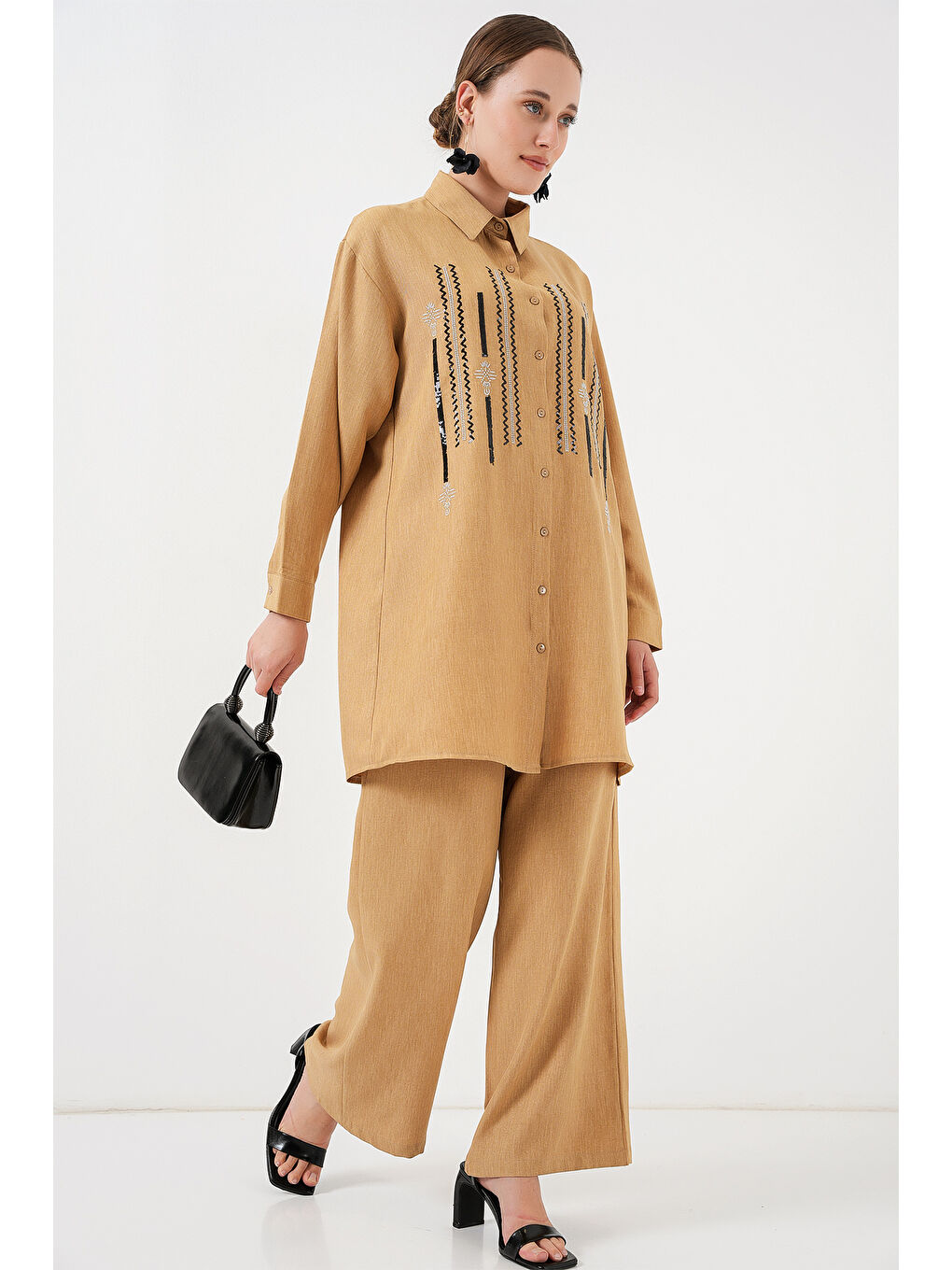 Bej Desenli Tunik Pantolon İkili Takım 6720 - Bisküvi-1