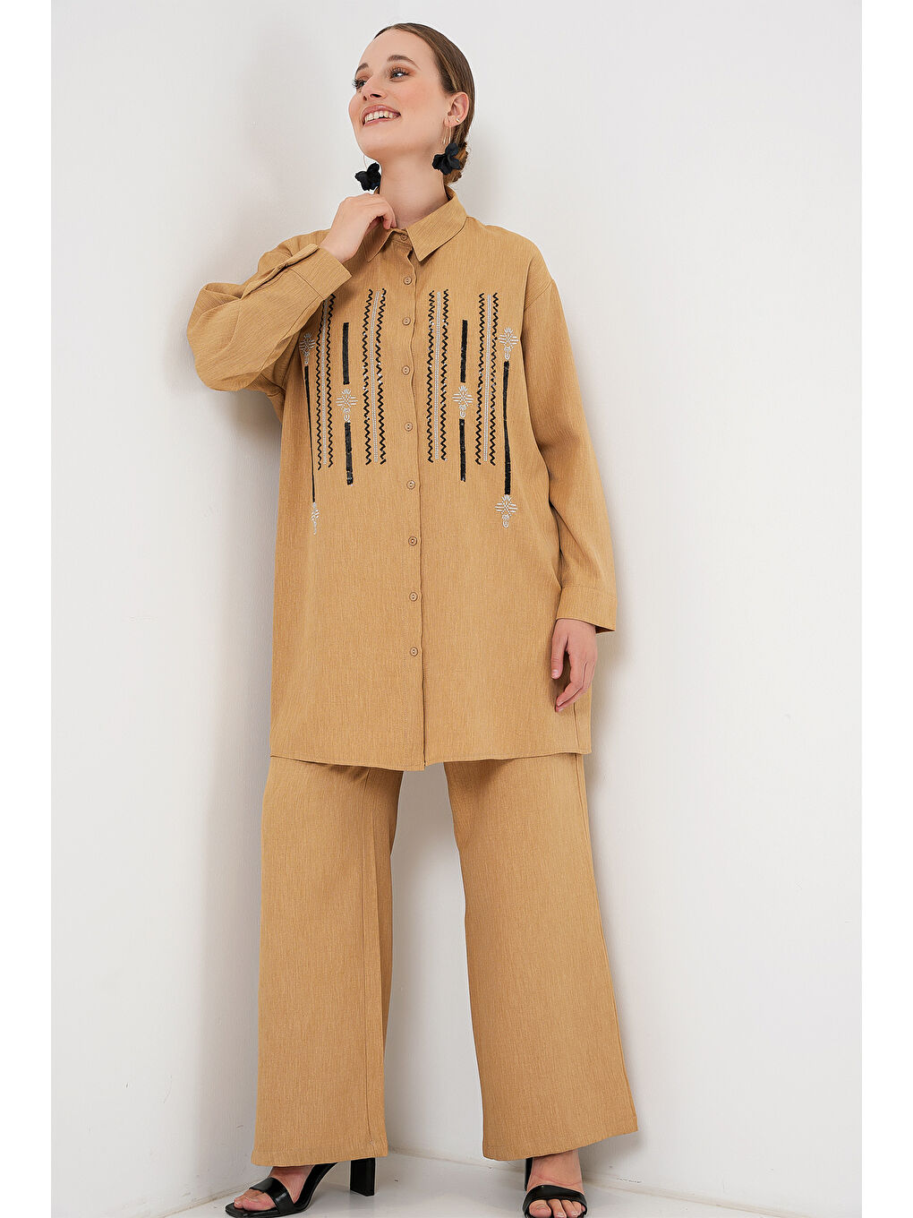 Bej Desenli Tunik Pantolon İkili Takım 6720 - Bisküvi-3