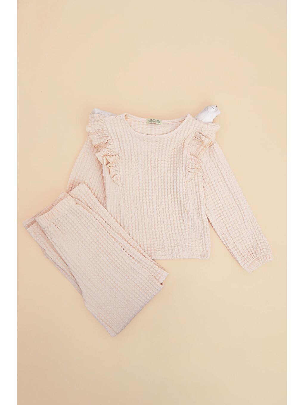 Bej Fırfırlı Bürümcük Kumaş Kız Çocuk 2 Li Takım