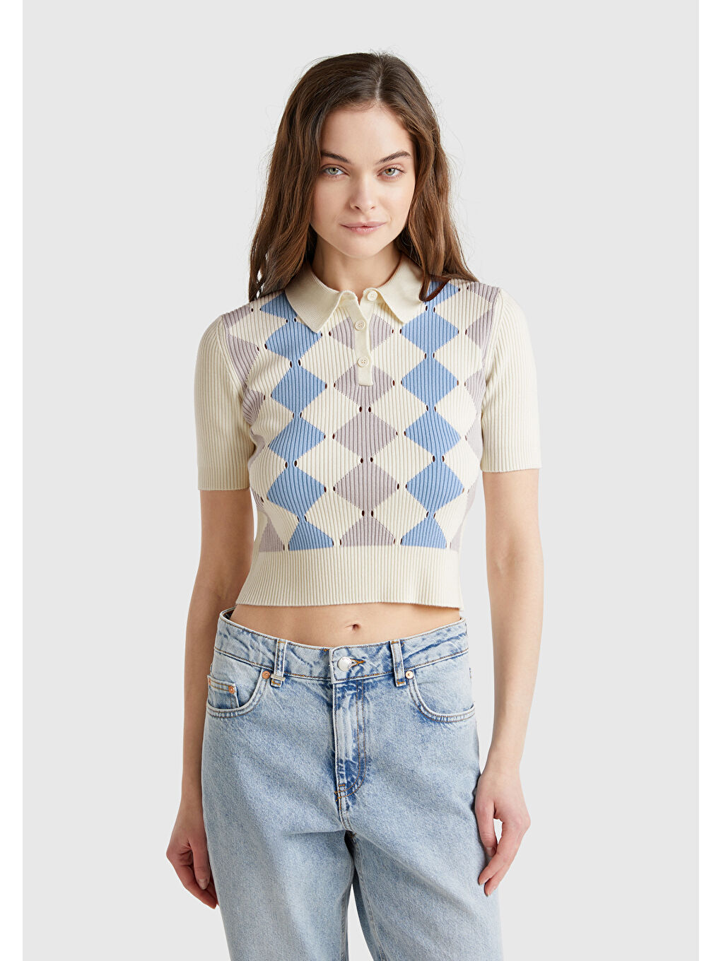 Ekru Kadın Krem Baklava Desenli Nervür Detaylı Polo Yaka Kısa Kollu Kazak