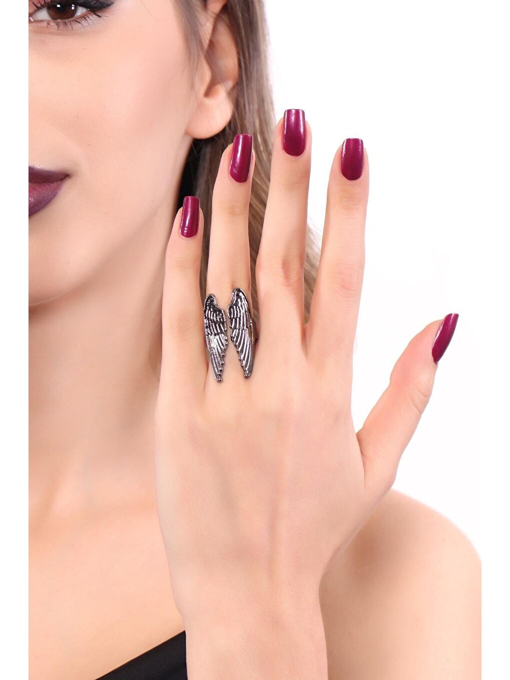 Kadın Antrasit Lak Kaplama Ayarlanabilir Melek Kanadı Yüzük-2