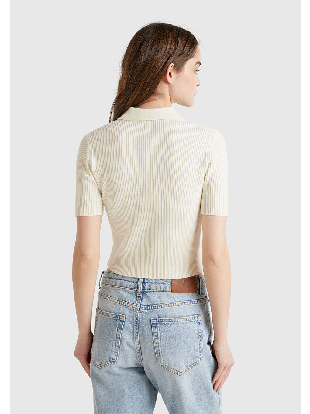 Ekru Kadın Krem Baklava Desenli Nervür Detaylı Polo Yaka Kısa Kollu Kazak-2