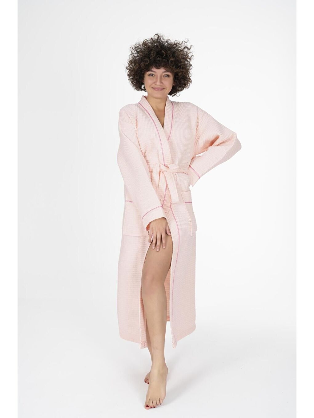 Pembe Kaos Serisi Kimono Yaka Pike Bornoz Sabahlık-1