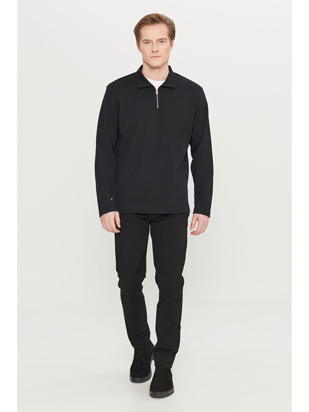 Erkek Siyah Pamuklu Standart Fit Normal Kesim Polo Yaka Sweatshirt-1