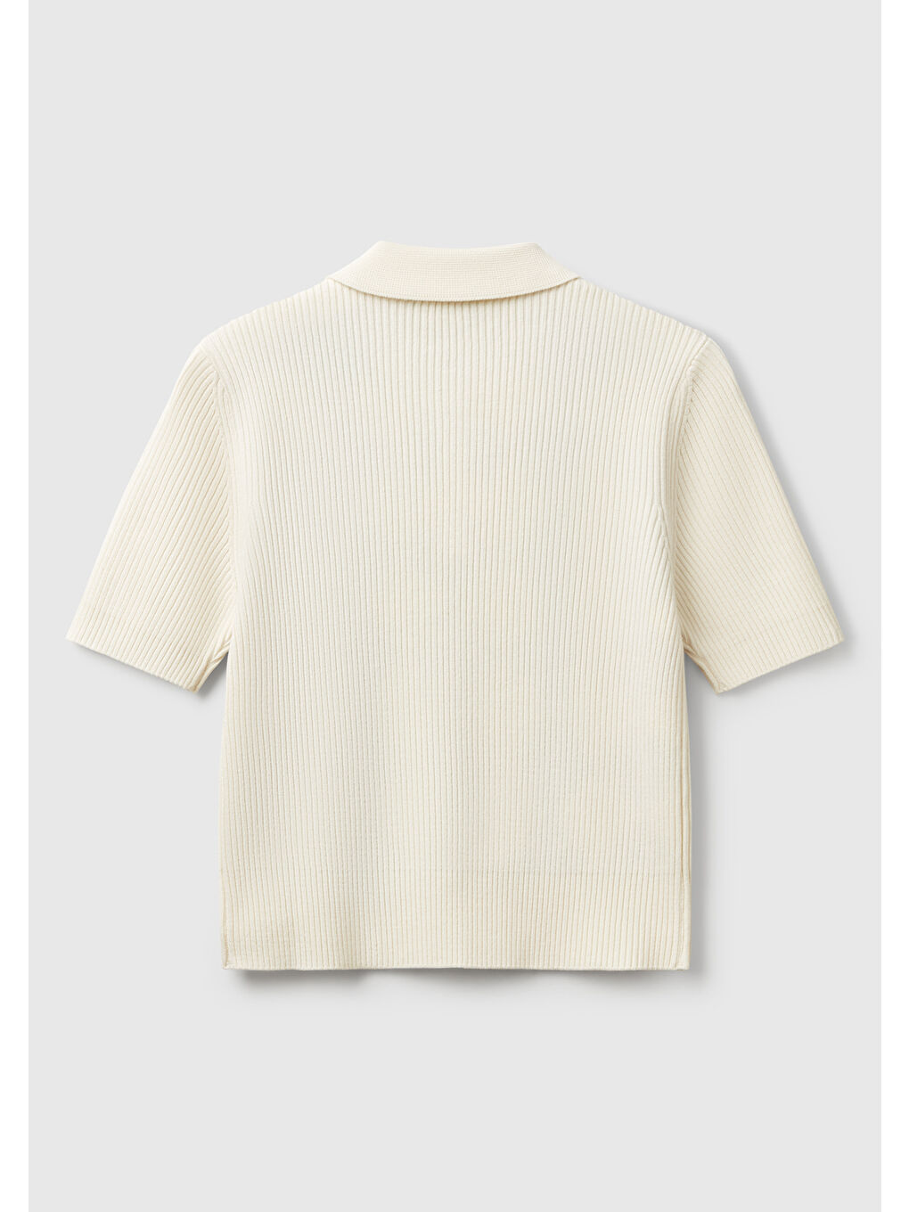 Ekru Kadın Krem Baklava Desenli Nervür Detaylı Polo Yaka Kısa Kollu Kazak-3