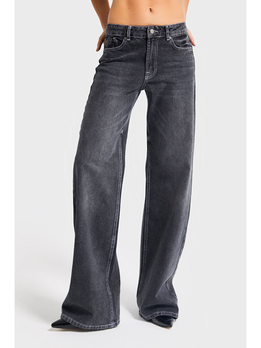 Gri Kadın Koyu Füme Renk 4w5-13 Düşük Bel Straight Fit %100 Pamuk Denim Jean