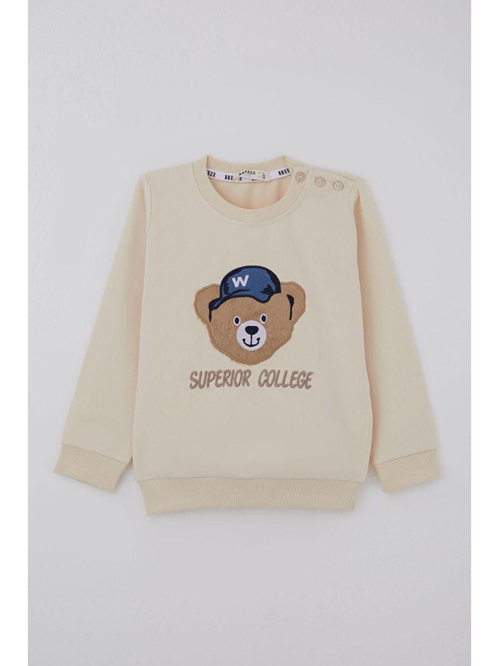 Ekru Erkek Bebek Eşofman Takımı Sevimli Ayıcık Aplikeli Kolej Model Krem (9 Ay-3 Yaş)-1