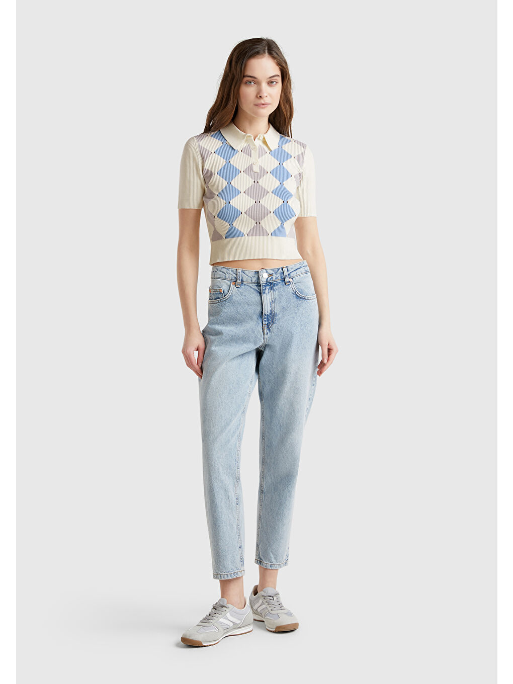 Ekru Kadın Krem Baklava Desenli Nervür Detaylı Polo Yaka Kısa Kollu Kazak-4