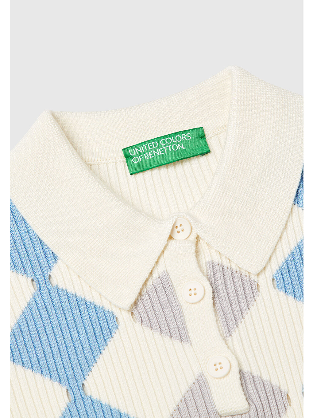 Ekru Kadın Krem Baklava Desenli Nervür Detaylı Polo Yaka Kısa Kollu Kazak-5