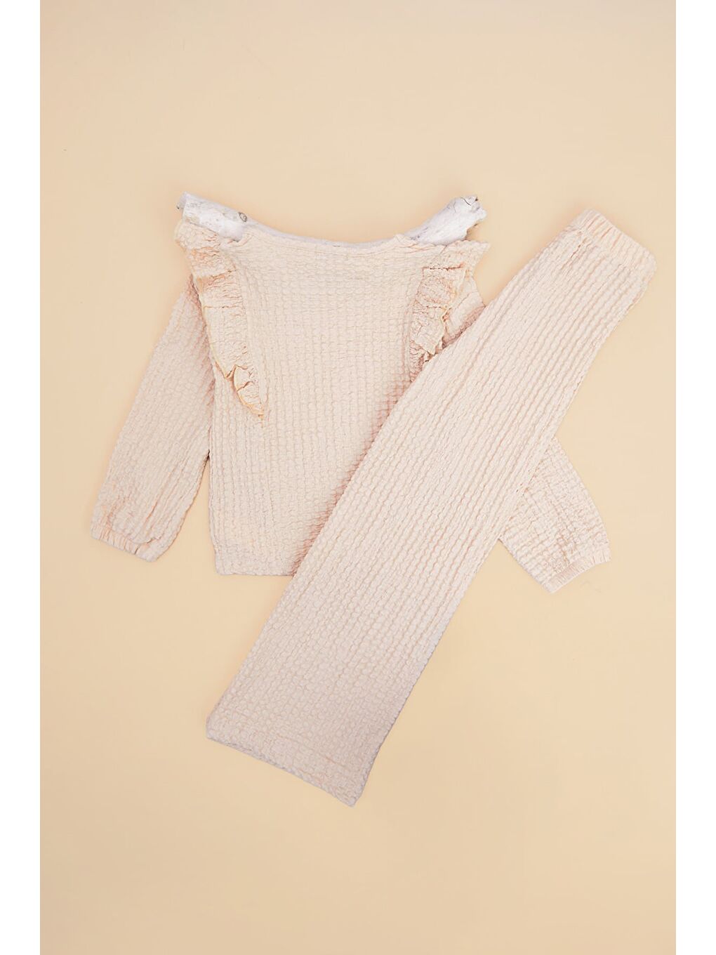 Bej Fırfırlı Bürümcük Kumaş Kız Çocuk 2 Li Takım-1