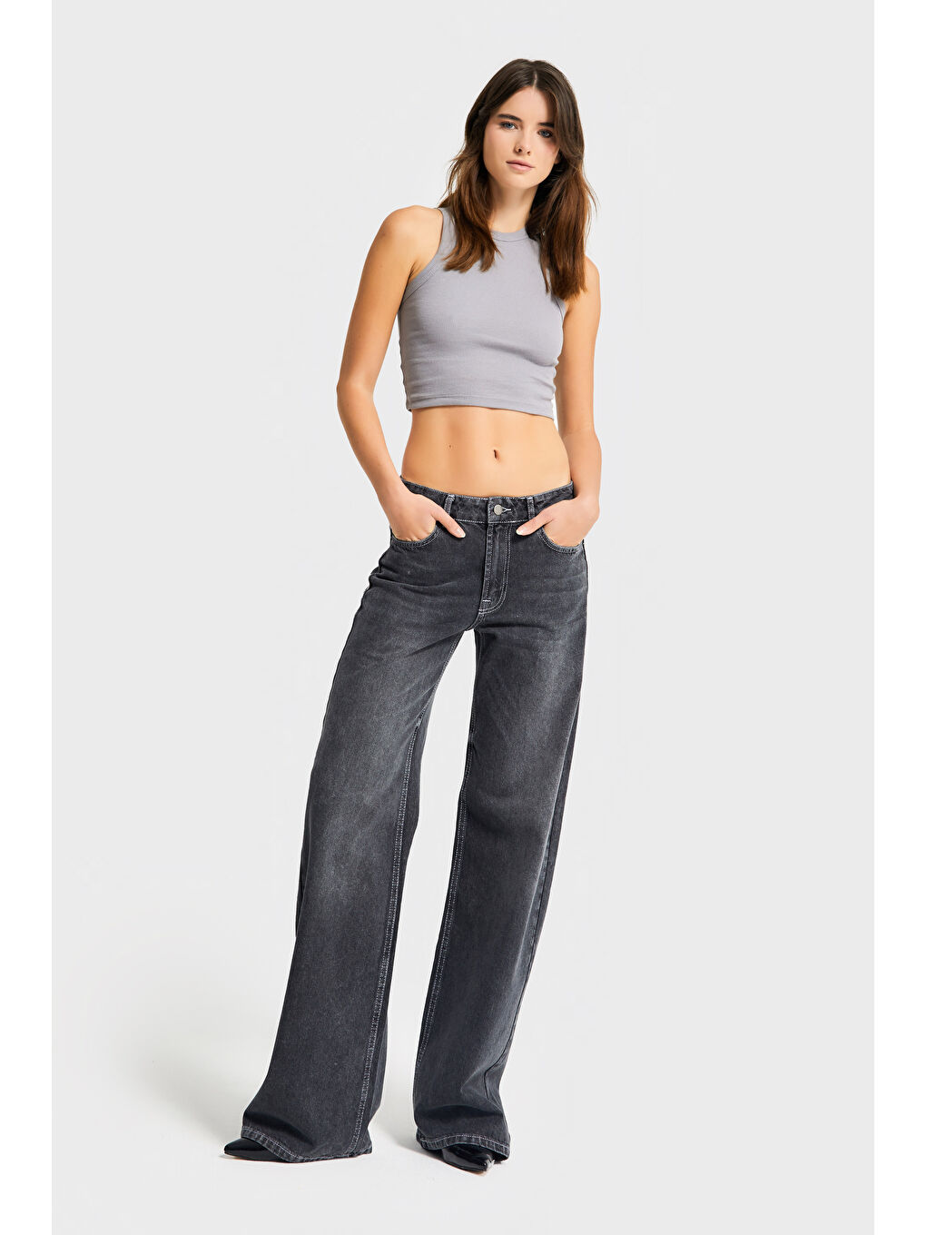 Gri Kadın Koyu Füme Renk 4w5-13 Düşük Bel Straight Fit %100 Pamuk Denim Jean-1