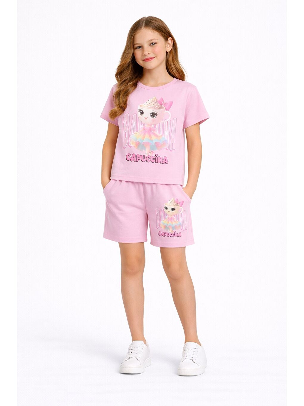 Pembe Pudra Sevimli Capuccina Baskılı Kız Çocuk Şortlu 2li Takım 23892-1