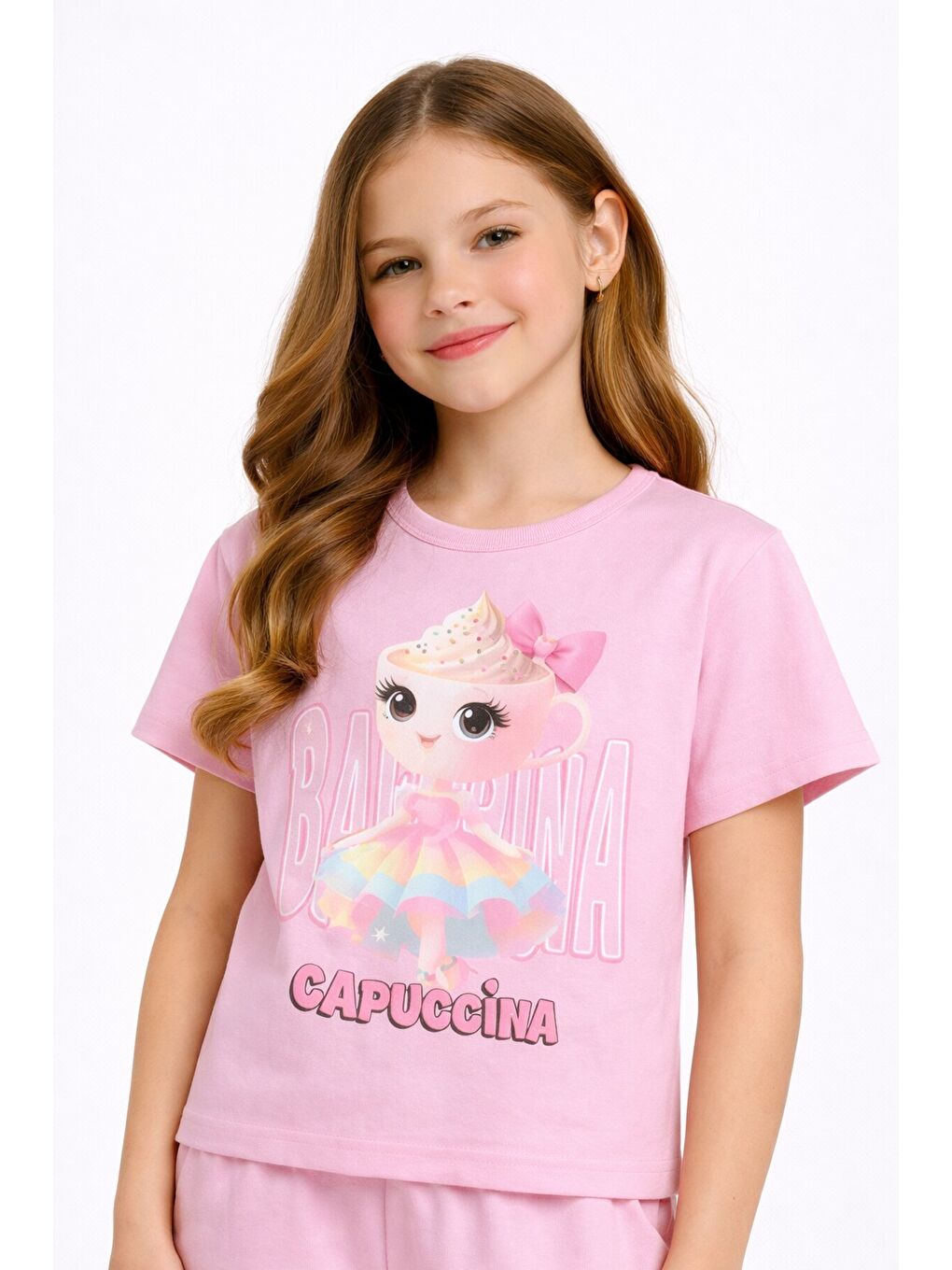 Pembe Pudra Sevimli Capuccina Baskılı Kız Çocuk Şortlu 2li Takım 23892-2