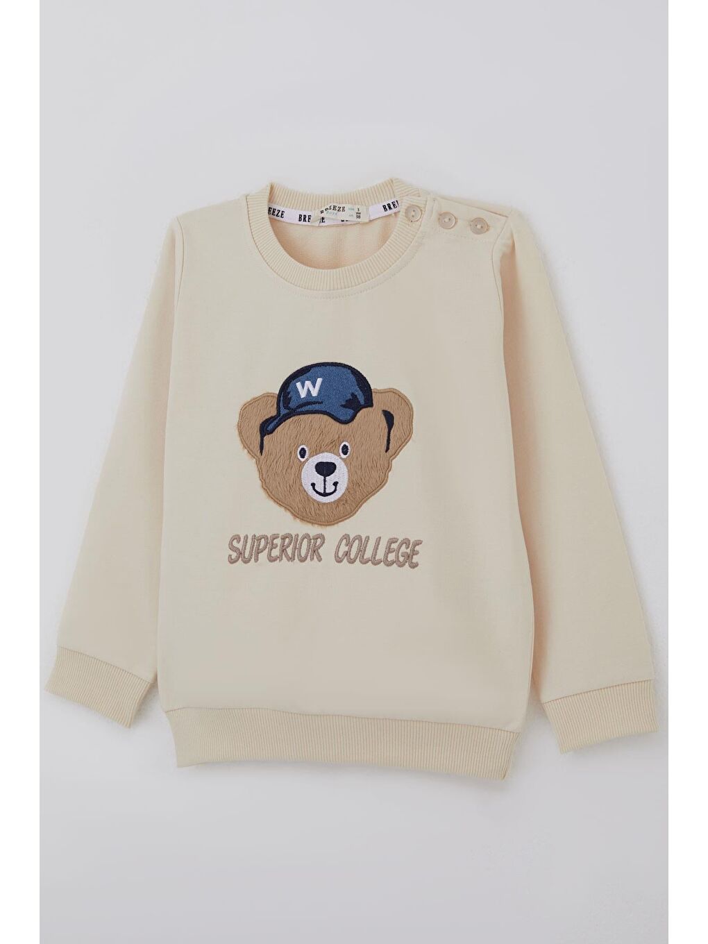 Ekru Erkek Bebek Eşofman Takımı Sevimli Ayıcık Aplikeli Kolej Model Krem (9 Ay-3 Yaş)-5