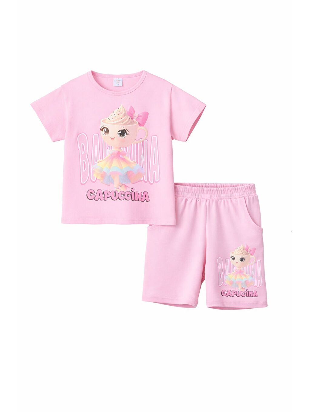 Pembe Pudra Sevimli Capuccina Baskılı Kız Çocuk Şortlu 2li Takım 23892-4