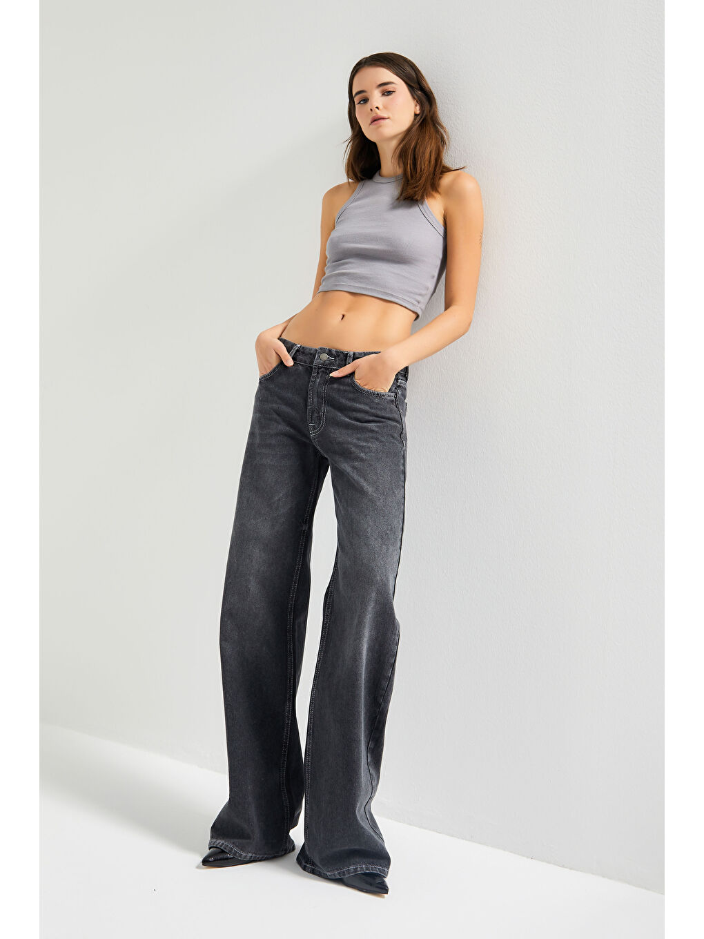 Gri Kadın Koyu Füme Renk 4w5-13 Düşük Bel Straight Fit %100 Pamuk Denim Jean-4