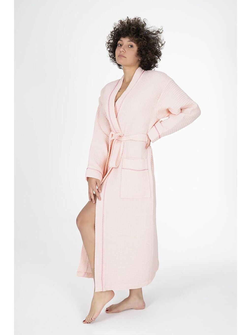 Pembe Kaos Serisi Kimono Yaka Pike Bornoz Sabahlık-1